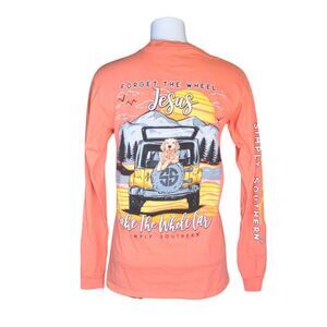 Simply Southern Long Sleeve Tee Coral Goldendoodle Mountains Jeep Jesus Small